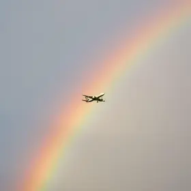 avião 'atravessando' arco-íris